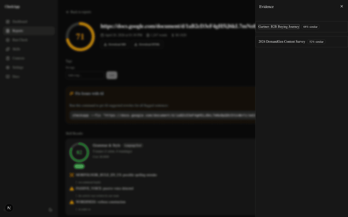 CheckApp claim drill-down — sources, confidence scores, and evidence per claim