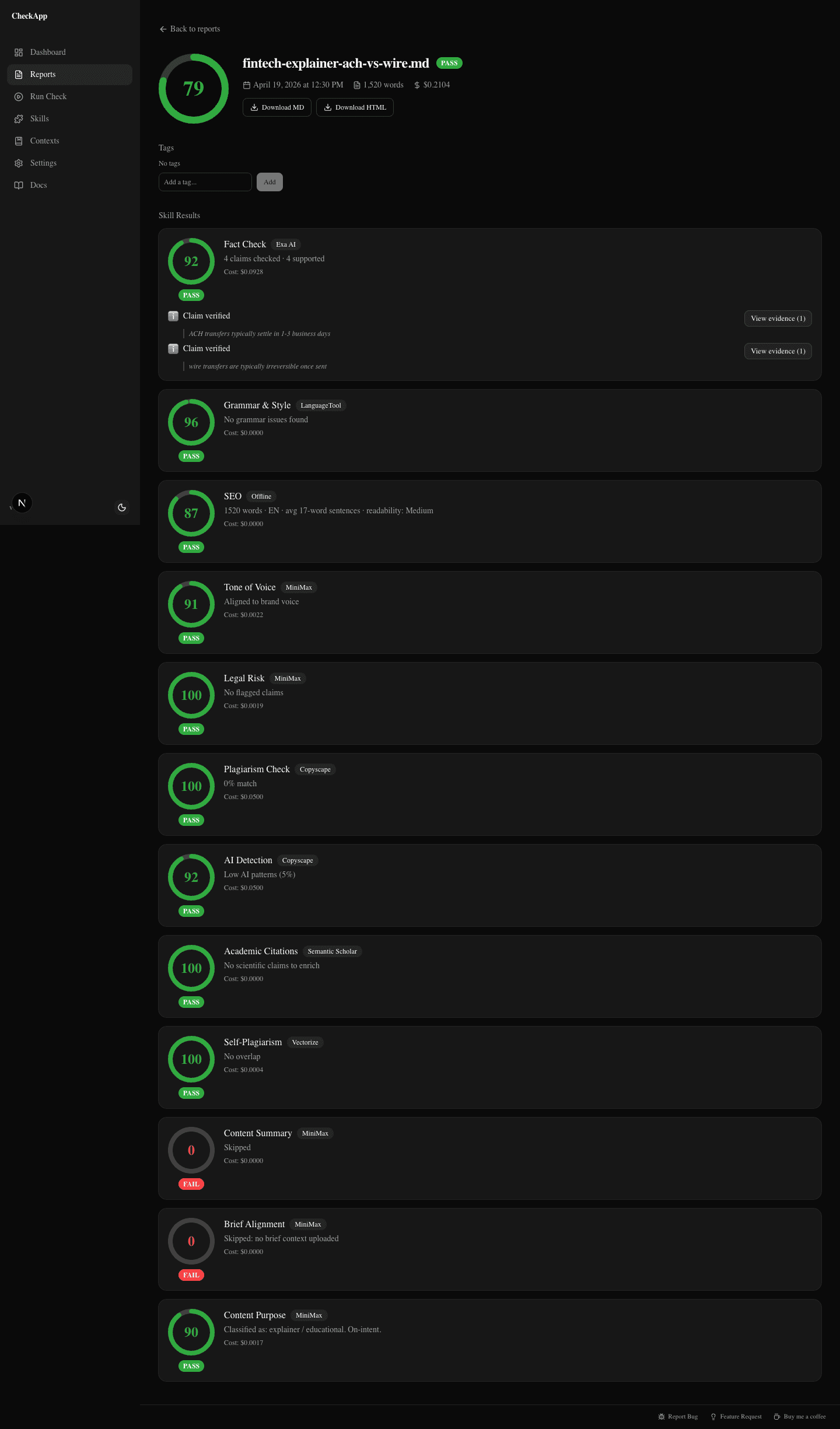CheckApp report detail — the overall score, verdict, and per-skill findings